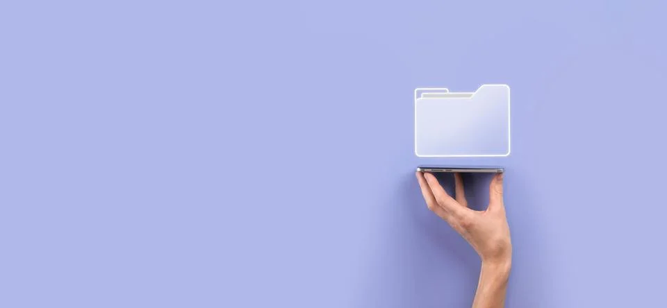 Businessman hold folder icon.Document Management System or DMS setup by IT co Stockfoto's