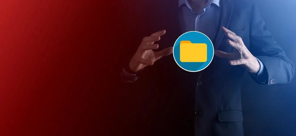 Businessman hold folder icon.Document Management System or DMS setup by IT co 库存照片