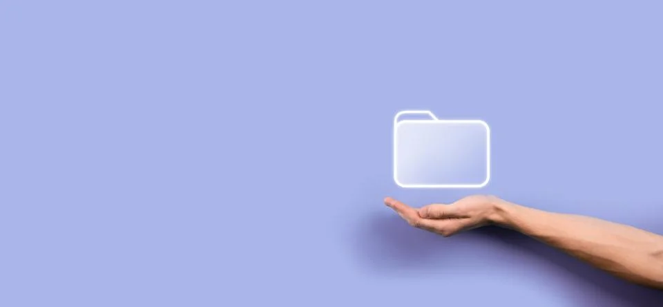 Businessman hold folder icon.Document Management System or DMS setup by IT co Stockfoto's