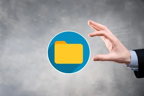 Businessman hold folder icon.Document Management System or DMS setup by IT co Stock Photos