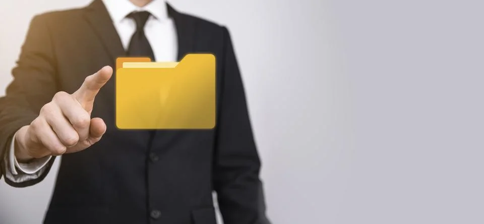 Businessman hold folder icon.Document Management System or DMS setup by IT co 写真素材