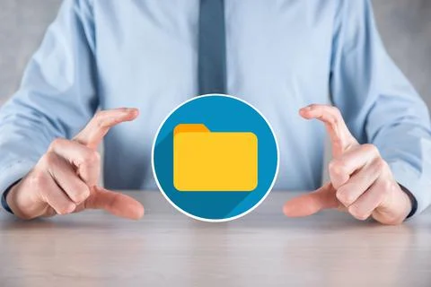 Businessman hold folder icon.Document Management System or DMS setup by IT co 写真素材