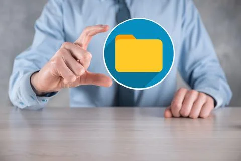 Businessman hold folder icon.Document Management System or DMS setup by IT co Foto stock