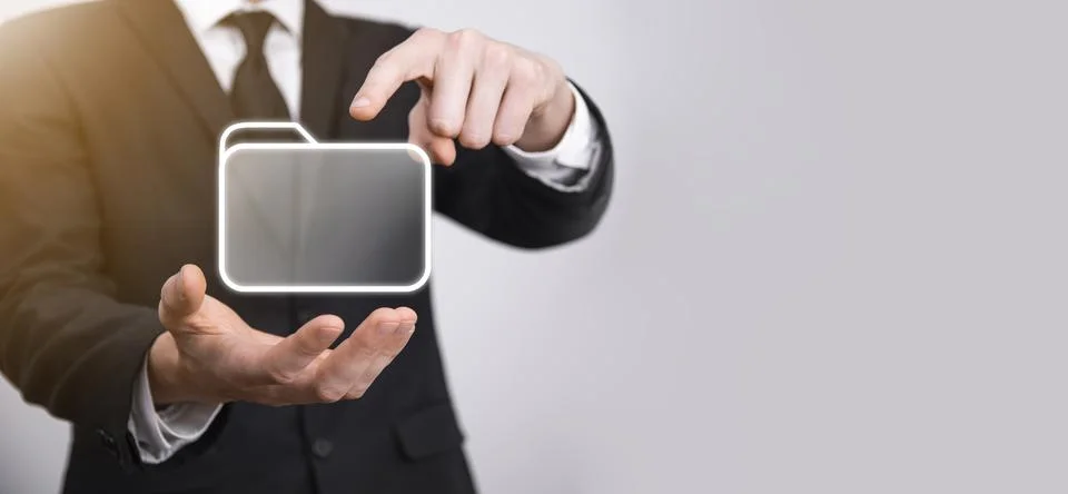 Businessman hold folder icon.Document Management System or DMS setup by IT co 写真素材