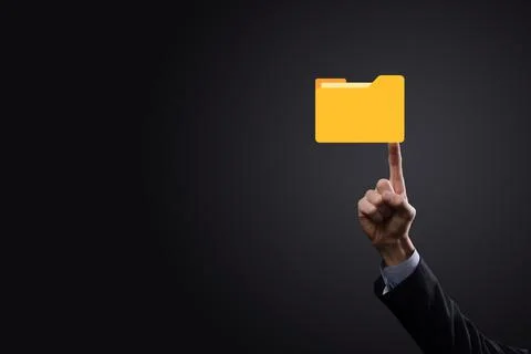 Businessman hold folder icon.Document Management System or DMS setup by IT co Foto stock