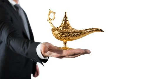 Businessman hold a genie lamp of aladdin. concept of desire and make a wish come Stock Photos