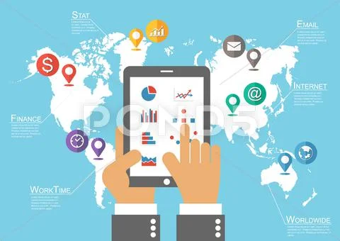 Businessman hold tablet and world map with location pointer Stock Illustrationen