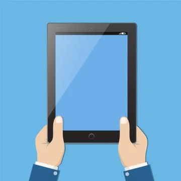 Businessman hold tablet with empty blue screen. Flat design style vector illu Stock Illustration