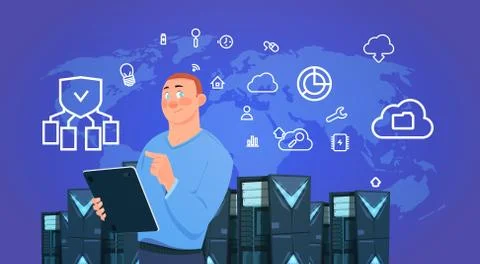 Businessman hold tablet over data protection cloud servers center with hosting 스톡 일러스트