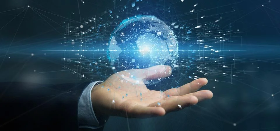 Businessman holding a 3d rendering data earth globe Stock Photos