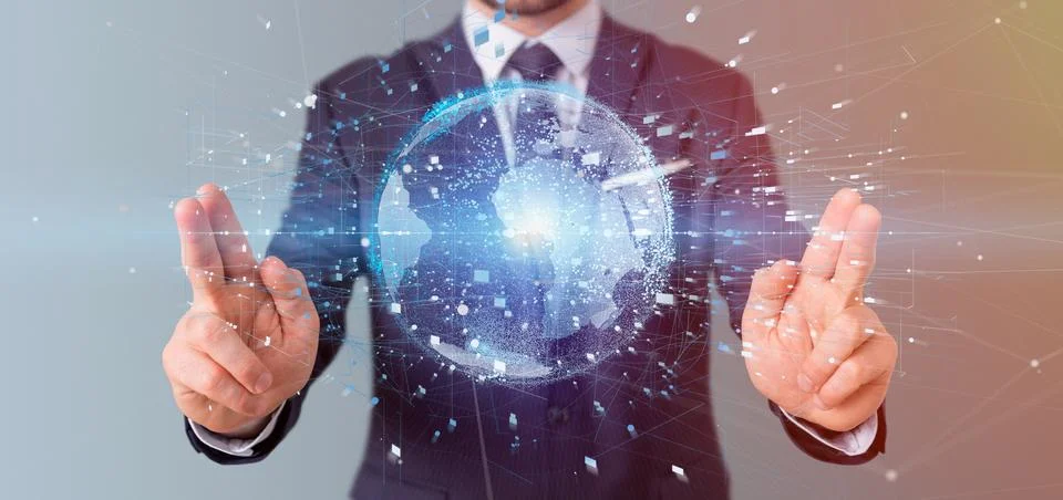Businessman holding a 3d rendering data earth globe Stock Photos