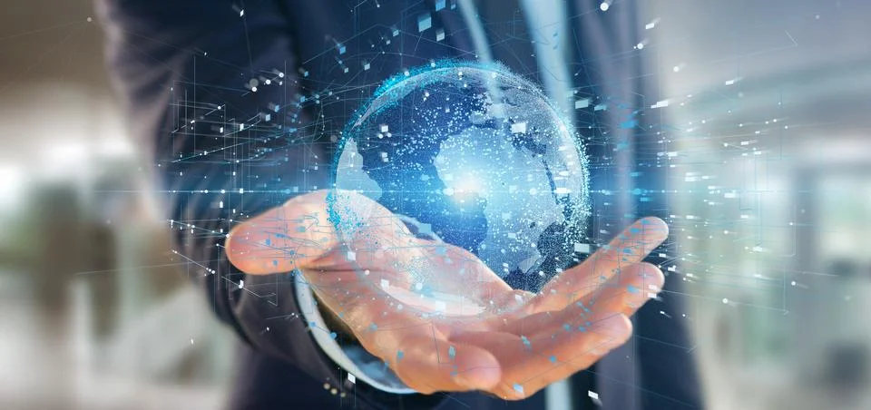 Businessman holding a 3d rendering data earth globe Stock Photos