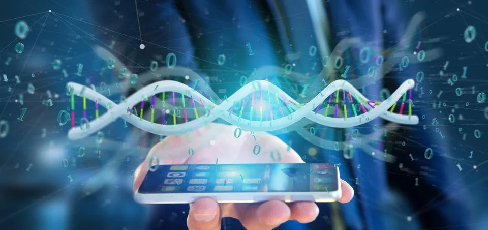 Businessman holding a 3d rendering data coded Dna with binary file around Stock Photos