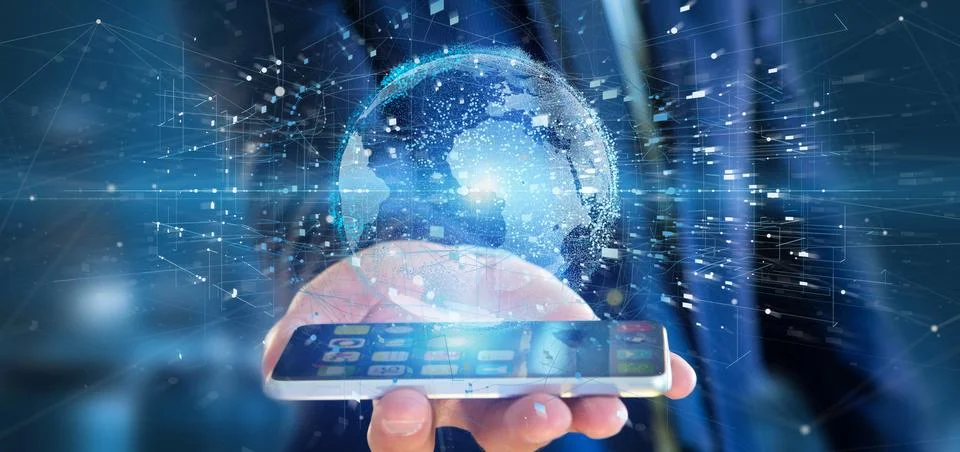 Businessman holding a 3d rendering data earth globe Stock Photos