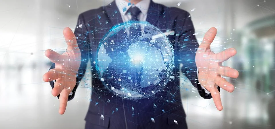 Businessman holding a 3d rendering data earth globe Stock Photos