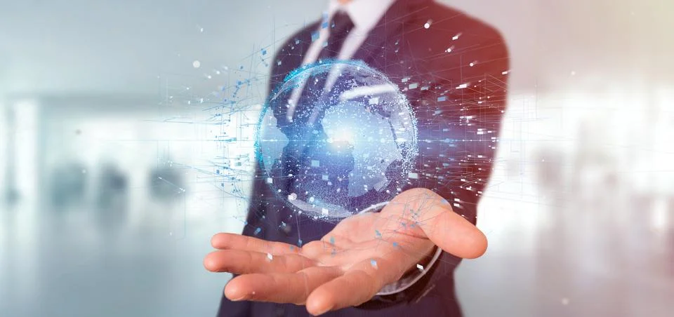 Businessman holding a 3d rendering data earth globe Stock Photos