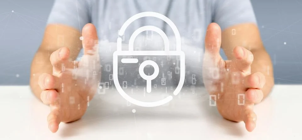 Businessman holding a Binary cloud with internet security padlock 3d renderin Stock Illustration