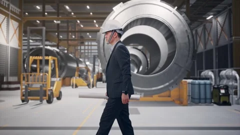 Businessman Holding Blueprint While Walking at Heavy Factory Stock Footage 340813324