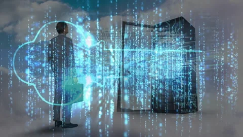 Businessman holding briefcase facing server rack binary streams unlocking key Stock Footage 310326887