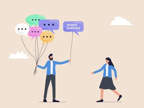 Businessman holding a bunch of chat bubble balloons and offering a balloon Stock Illustration