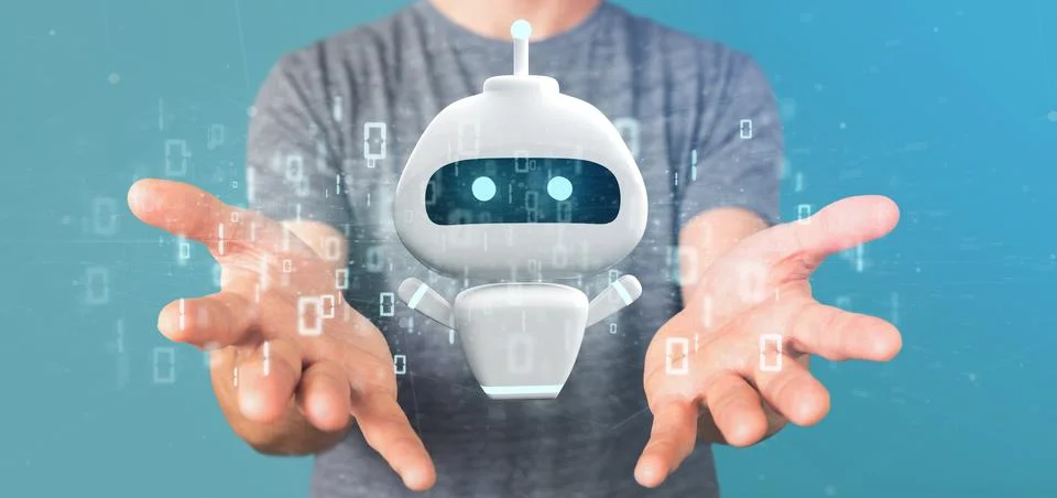 Businessman holding Chatbot with binary code 3d rendering Stock Photos