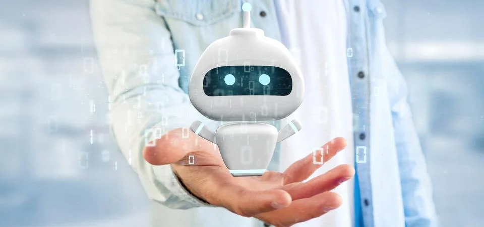 Businessman holding Chatbot with binary code 3d rendering Stock Photos