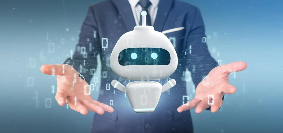 Businessman holding Chatbot with binary code 3d rendering Stock Photos
