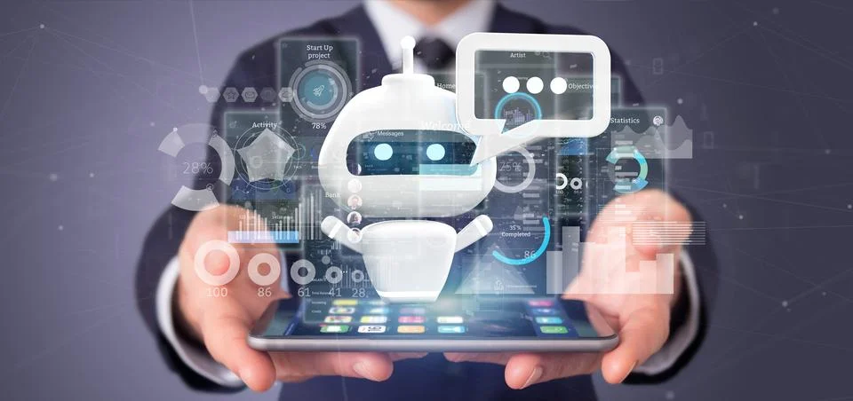 Businessman holding Chatbot with binary code, message and data 3d rendering Stock Photos