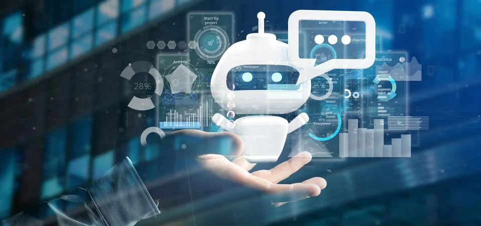 Businessman holding Chatbot with binary code, message and data 3d rendering Stock Photos