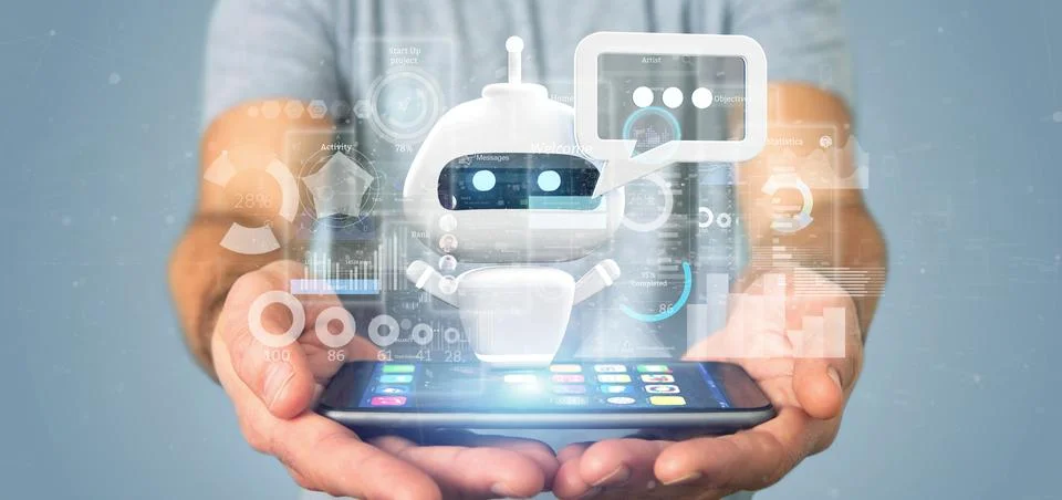Businessman holding Chatbot with binary code, message and data 3d rendering Stock Photos