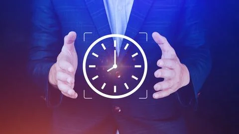 Businessman holding clock digital interface with icon, Business time manage.. Stock Photos