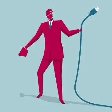 Businessman holding a computer data cable. Isolated on blue background. Stock Illustration