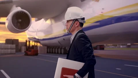 Businessman Holding Computer While Walking with Cargo Aircraft Stock Footage 325863715