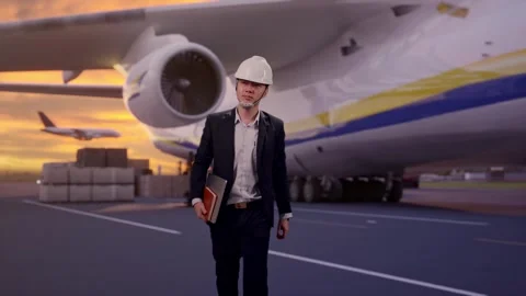 Businessman Holding Computer While Walking with Cargo Aircraft Stock Footage 325864235