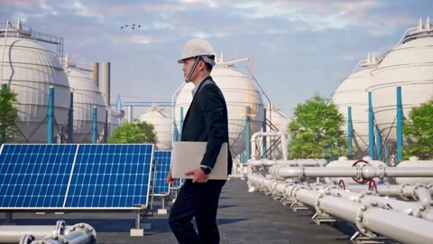 Businessman Holding Computer While Walking at Energy Complex Stock Footage 330172834