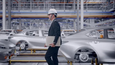 Businessman Holding Computer While Walking In Car Factory Stock Footage 331630167