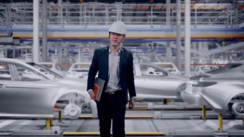 Businessman Holding Computer While Walking In Car Factory Stock Footage 331630828