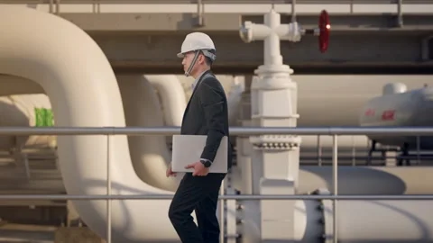Businessman Holding Computer While Walking at Biodiesel plant Stock Footage 331639066