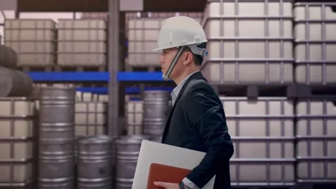Businessman Holding Computer While Walking at Fuel Warehouse Stock Footage 332124538