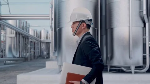 Businessman Holding Computer While Walking at Chemical Plant Stock Footage 332550005