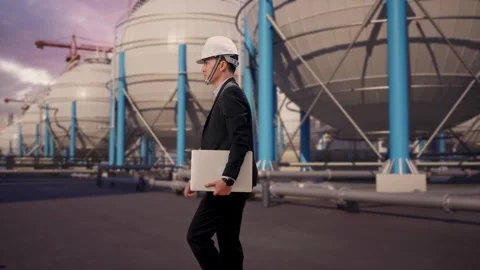 Businessman Holding Computer While Walking with Spherical Tank Stock Footage 335065877