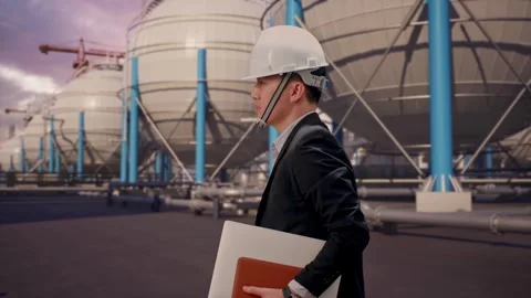 Businessman Holding Computer While Walking with Spherical Tank Stock Footage 335065912