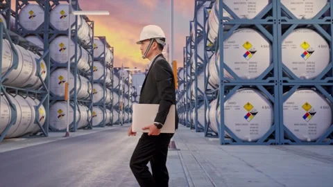 Businessman Holding Computer While Walking with Chemical Tanks Stock Footage 340829782