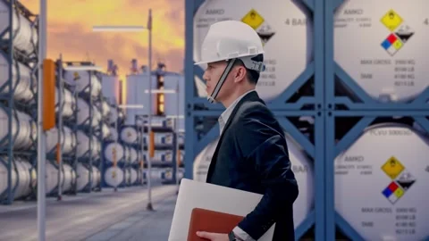 Businessman Holding Computer While Walking with Chemical Tanks Stock Footage 340829927