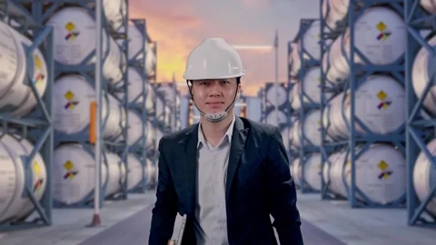 Businessman Holding Computer While Walking with Chemical Tanks Stock Footage 340830044