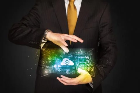 Businessman holding data cloud Stock Photos