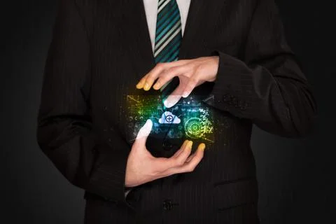 Businessman holding data cloud Stock Photos