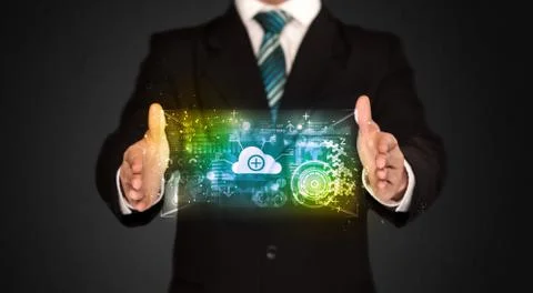 Businessman holding data cloud Stock Photos