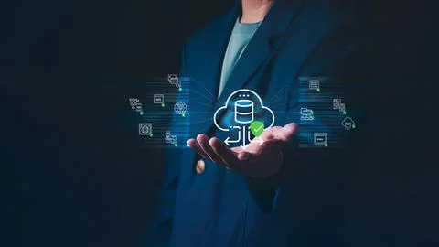 Businessman holding digital cloud data storage icon 스톡 사진