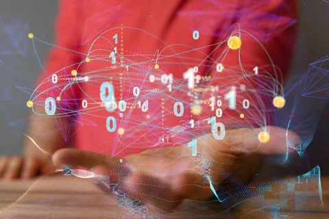 Businessman holding a digital render of a binary code network Stock Photos